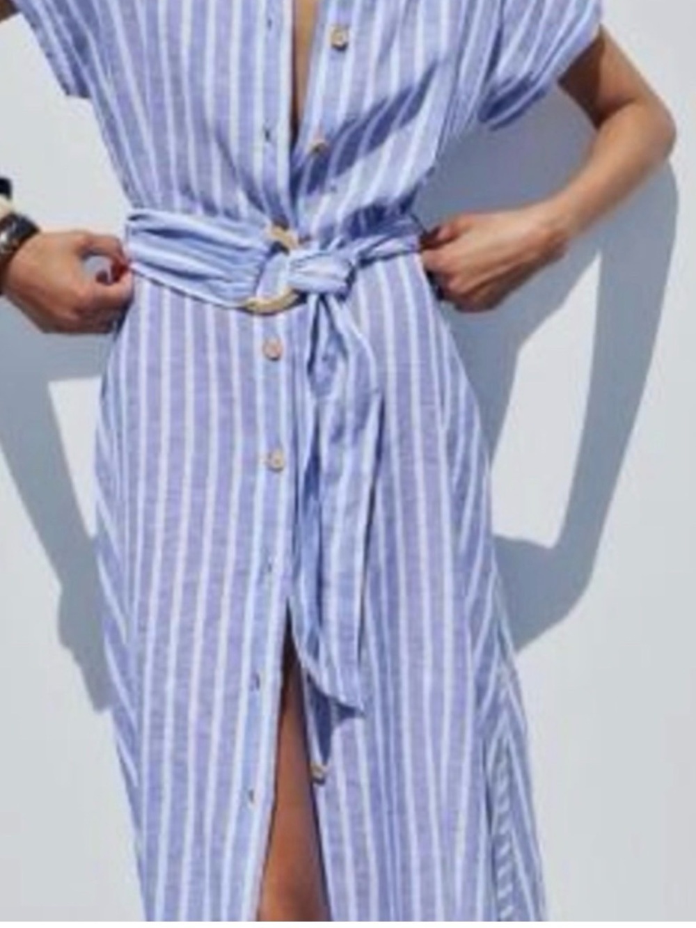 Zara Light Blue and White Striped Maxi Dress with Tie Belt